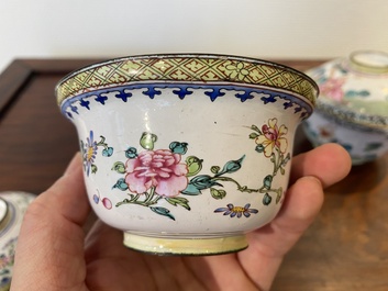 Two Chinese Canton enamel covered bowls on stands and two bowls, 18/19th C.