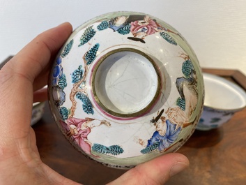 Two Chinese Canton enamel covered bowls on stands and two bowls, 18/19th C.