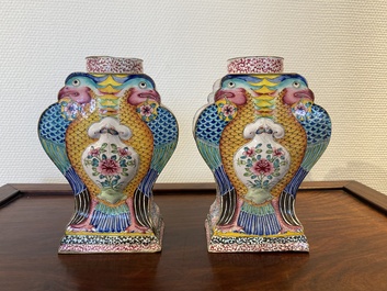 A pair of rare Chinese Canton enamel 'double eagle' vases, Yongzheng