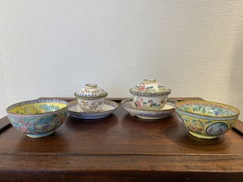 Two Chinese Canton enamel covered bowls on stands and two bowls, 18/19th C.