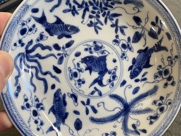 A pair of Chinese blue and white 'carps' cups and saucers, Kangxi
