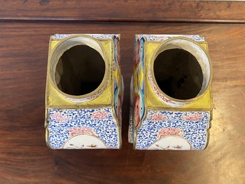 A pair of rare Chinese Canton enamel 'double eagle' vases, Yongzheng