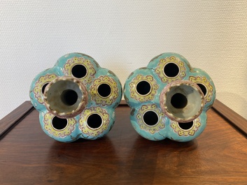 A pair of Chinese famille rose turquoise-ground flower vases with dragons, 19th C.