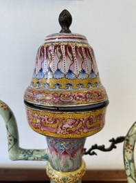 A large Chinese yellow-ground Canton enamel ewer and cover, Qianlong