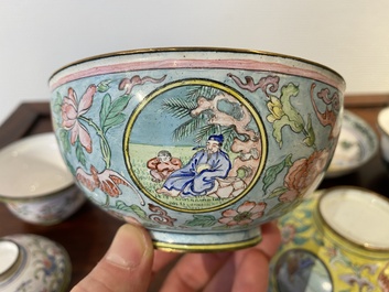 Two Chinese Canton enamel covered bowls on stands and two bowls, 18/19th C.