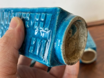 A pair of Chinese monochrome turquoise-glazed 'cong' vases and a 'luduan' censer, 19/20th C.