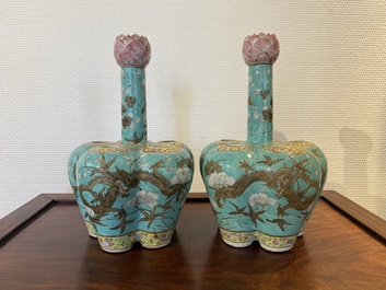 A pair of Chinese famille rose turquoise-ground flower vases with dragons, 19th C.