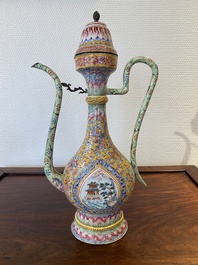 A large Chinese yellow-ground Canton enamel ewer and cover, Qianlong