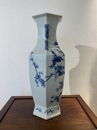 A Chinese blue and white hexagonal 'magpie and plum blossom' vase, 19th C.