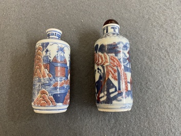 Two Chinese blue, white and copper-red snuff bottles, Yongzheng mark, 19th C.