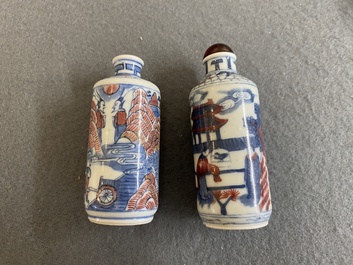 Two Chinese blue, white and copper-red snuff bottles, Yongzheng mark, 19th C.