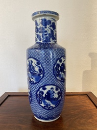 A Chinese blue and white rouleau 'immortals' vase, Kangxi mark, 19th C.