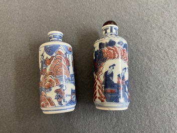 Two Chinese blue, white and copper-red snuff bottles, Yongzheng mark, 19th C.