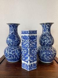 Three Chinese blue and white vases, 19th C.