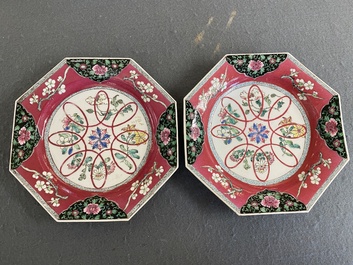 A pair of Chinese octagonal famille rose ruby-ground plates, Yongzheng