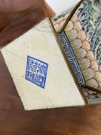 A Chinese lozenge-shaped Canton enamel 'Four gentlemen' vase, Qianlong mark and of the period