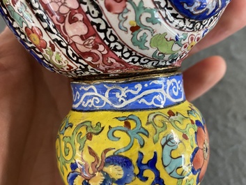 A Chinese Canton enamel helm-shaped ewer with shell-shaped basin, Yongzheng/Qianlong