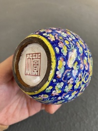 A Chinese blue-ground Canton enamel double gourd 'dragons' vase, Shangxin 赏心 mark, Qianlong