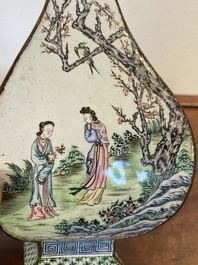 A Chinese lozenge-shaped Canton enamel 'Four gentlemen' vase, Qianlong mark and of the period