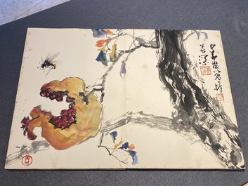 Chinese school: Een album met twaalf schilderingen met handtekeningen van beroemdheden, w.o. Zhao Shaoang 趙少昂, inkt en kleur op papier, gedateerd 1944