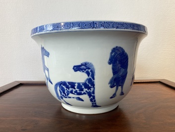 A Chinese blue and white 'Eight horses of Mu Wang' jardini&egrave;re, Kangxi mark, 19/20th C.