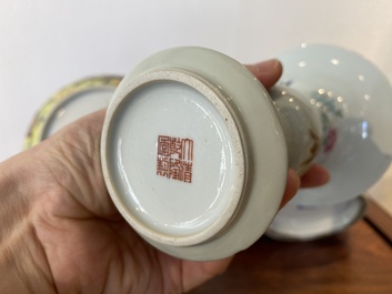 Two Chinese famille rose 'dragon' bowls and a vase with floral design, 19/20th C.