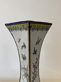 A Chinese lozenge-shaped Canton enamel 'Four gentlemen' vase, Qianlong mark and of the period