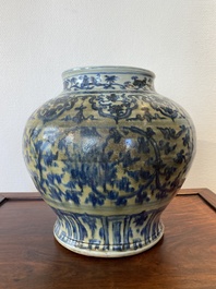 A Chinese blue and white 'guan' jar with lotus scrolls, Ming