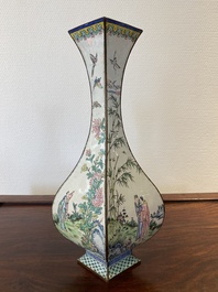 A Chinese lozenge-shaped Canton enamel 'Four gentlemen' vase, Qianlong mark and of the period