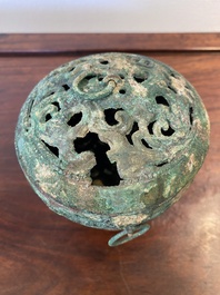 A Chinese bronze 'xianglu' censer with reticulated cover, Western Han