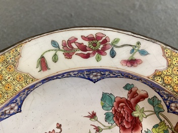 A Chinese 'ruby back' Canton enamel plate with a butterfly and a pheasant, Yongzheng