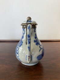 A Chinese blue and white teapot and cover with silver mounts, Kangxi