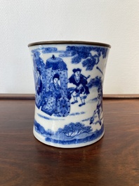 Pot &agrave; pinceaux en porcelaine de Chine en bleu et blanc, marque de Kangxi, 19&egrave;me