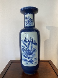 A Chinese blue-ground rouleau vase with blue and white landscape panels, 19th C.