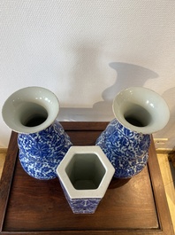 Three Chinese blue and white vases, 19th C.