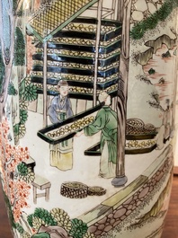 A fine Chinese famille verte rouleau 'rice production' vase, 19th C.