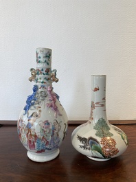 A Chinese famille rose '18 Luohan' bottle vase and a famille verte vase, Kangxi mark, 19th C.