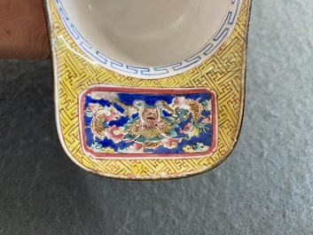 A Chinese yellow-ground Canton enamel ritual wine ewer or 'jue', Yongzheng