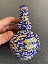 A Chinese blue-ground Canton enamel double gourd 'dragons' vase, Shangxin 赏心 mark, Qianlong