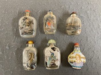 Five Chinese inside-painted glass snuff bottles and one in Canton or Beijing enamel, 19/20th C.