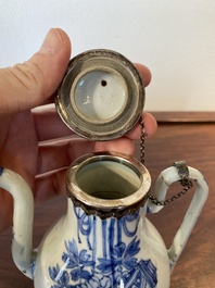 A Chinese blue and white teapot and cover with silver mounts, Kangxi