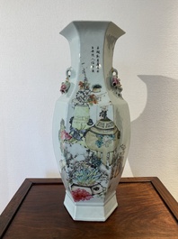 A fine Chinese hexagonal qianjiang cai vase, signed Ma Qingyun 馬慶雲, dated 1917