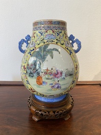 A Chinese yellow-ground famille rose 'hu' vase with playing boys, Qianlong mark, Republic
