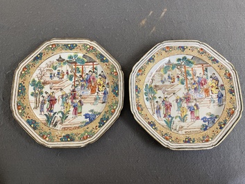A pair of Chinese octagonal famille rose 'mandarin subject' plates, Qianlong