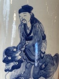 A Chinese blue and white 'Sanxing' rouleau vase, probably 19th C.