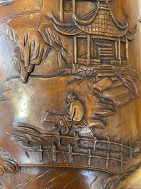 A large Chinese huali wood brush pot with scholars in a landscape, 20th C.