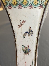 A Chinese lozenge-shaped Canton enamel 'Four gentlemen' vase, Qianlong mark and of the period