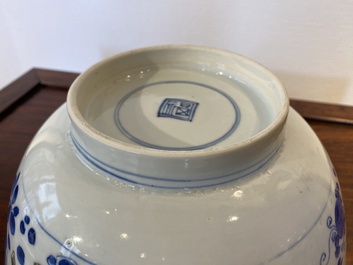 A Chinese blue, white and copper-red 'carps' bowl, Kangxi