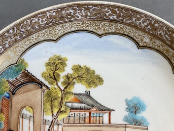 A Chinese famille rose semi-eggshell mandarin subject plate, Qianlong