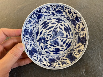 A Chinese blue and white 'crane' saucer dish, Yongzheng mark, 18/19th C.